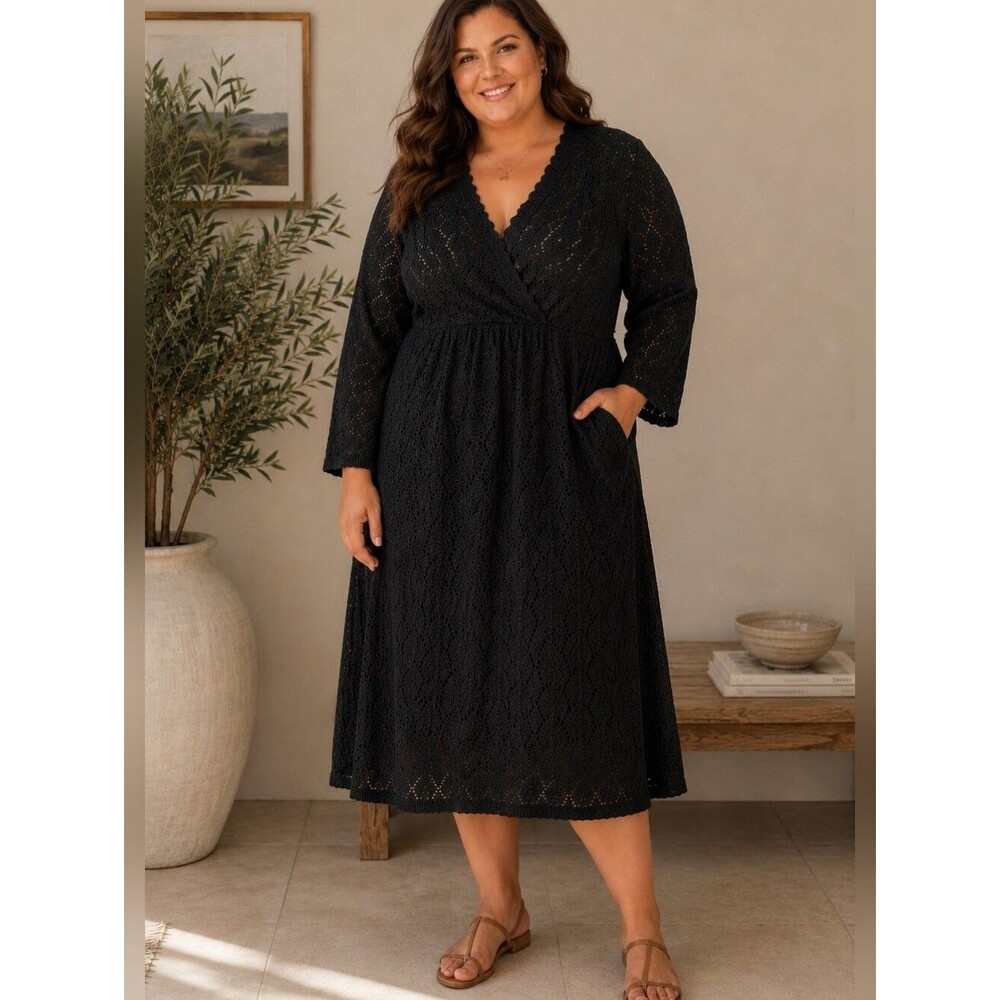 NWT Lane Bryant Black Lace Knit Midi Dress 22/24 Plus Romantic Boho Cottagecore